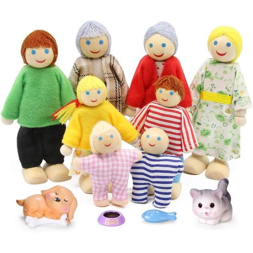 Famille De Poupée En Bois, Personnage Maison De Poupee, Mini Poupées Articulées Marionnettes En Bois, 8 Menbres De Famille Avec Chiens Et Chat Pour Accessoires De Famille De Maison De Poupée