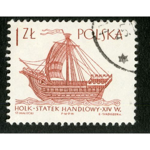 Timbre Oblitéré Polska, Holk - Statek Handlowy,Xiv W., Malecki, Tirdiszek, 1 Zl