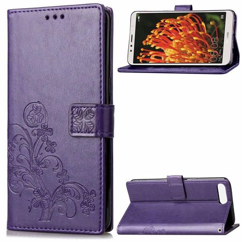 Huawei Y6 2018 Coque, Saturcase Lucky Clover Pu Cuir Magnétique Flip Portefeuille Support Porte-Carte Protecteur Cover Case Avec Dragonne Coque Housse Étui Pour Huawei Y6 2018 / Honor 7a (Violet)