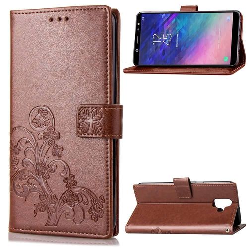 Samsung Galaxy A6 2018 Coque, Saturcase Lucky Clover Pu Cuir Magnétique Flip Portefeuille Support Porte-Carte Protecteur Cover Case Avec Dragonne Coque Housse Étui Pour Samsung Galaxy A6 2018 (Marron)