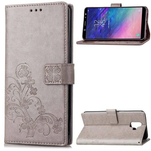 Samsung Galaxy A6 2018 Coque, Saturcase Lucky Clover Pu Cuir Magnétique Flip Portefeuille Support Porte-Carte Protecteur Cover Case Avec Dragonne Coque Housse Étui Pour Samsung Galaxy A6 2018 (Gris)