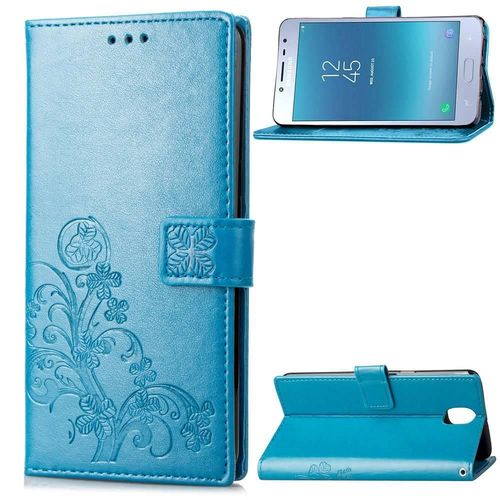 Samsung Galaxy J4 2018 Coque, Saturcase Lucky Clover Pu Cuir Magnétique Flip Portefeuille Support Porte-Carte Protecteur Cover Case Avec Dragonne Coque Housse Étui Pour Samsung Galaxy J4 2018 (Bleu)