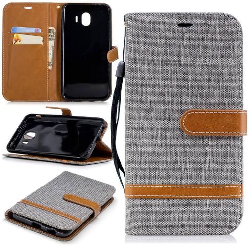 Samsung Galaxy J4 2018 Coque, Saturcase Premium Jeans Style Denim Et Pu Cuir Magnétique Flip Portefeuille Support Porte-Carte Protecteur Case Cover Coque Housse Étui Avec Dragonne Pour Samsung Galaxy J4 2018 (Gris)