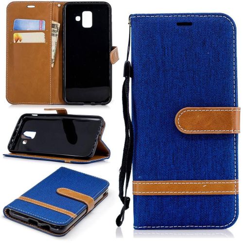 Samsung Galaxy A6 2018 Coque, Saturcase Premium Jeans Style Denim Et Pu Cuir Magnétique Flip Portefeuille Support Porte-Carte Protecteur Case Cover Coque Housse Étui Avec Dragonne Pour Samsung Galaxy A6 2018 (Bleu)