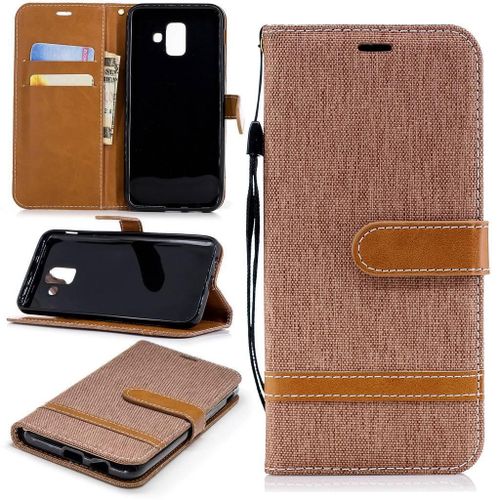 Samsung Galaxy A6 2018 Coque, Saturcase Premium Jeans Style Denim Et Pu Cuir Magnétique Flip Portefeuille Support Porte-Carte Protecteur Case Cover Coque Housse Étui Avec Dragonne Pour Samsung Galaxy A6 2018 (Marron)