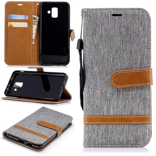 Samsung Galaxy A6 2018 Coque, Saturcase Premium Jeans Style Denim Et Pu Cuir Magnétique Flip Portefeuille Support Porte-Carte Protecteur Case Cover Coque Housse Étui Avec Dragonne Pour Samsung Galaxy A6 2018 (Gris)