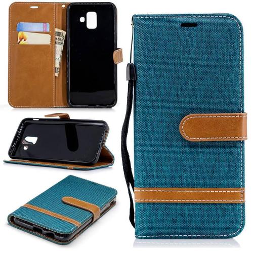 Samsung Galaxy A6 2018 Coque, Saturcase Premium Jeans Style Denim Et Pu Cuir Magnétique Flip Portefeuille Support Porte-Carte Protecteur Case Cover Coque Housse Étui Avec Dragonne Pour Samsung Galaxy A6 2018 (Vert)