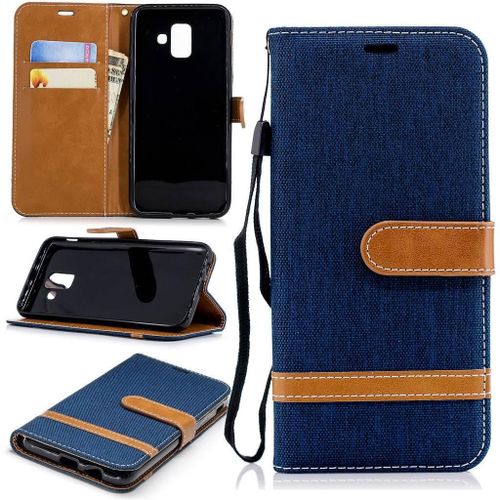 Samsung Galaxy A6 2018 Coque, Saturcase Premium Jeans Style Denim Et Pu Cuir Magnétique Flip Portefeuille Support Porte-Carte Protecteur Case Cover Coque Housse Étui Avec Dragonne Pour Samsung Galaxy A6 2018 (Bleu Marin)