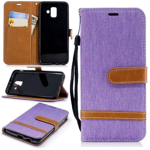Samsung Galaxy A6 2018 Coque, Saturcase Premium Jeans Style Denim Et Pu Cuir Magnétique Flip Portefeuille Support Porte-Carte Protecteur Case Cover Coque Housse Étui Avec Dragonne Pour Samsung Galaxy A6 2018 (Violet)