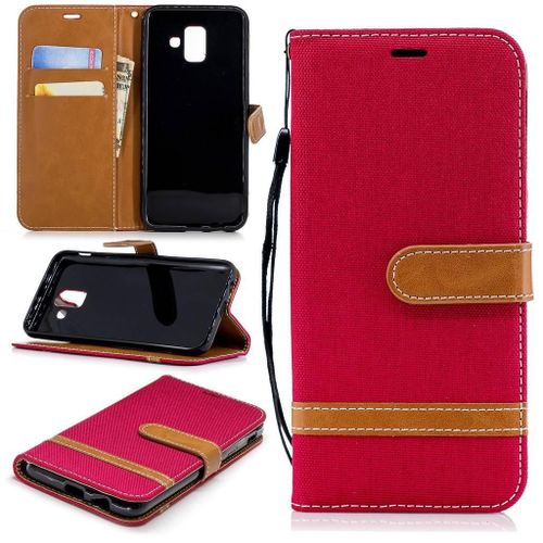 Samsung Galaxy A6 2018 Coque, Saturcase Premium Jeans Style Denim Et Pu Cuir Magnétique Flip Portefeuille Support Porte-Carte Protecteur Case Cover Coque Housse Étui Avec Dragonne Pour Samsung Galaxy A6 2018 (Rouge)
