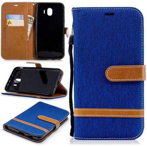 Samsung Galaxy J4 2018 Coque, Saturcase Premium Jeans Style Denim Et Pu Cuir Magnétique Flip Portefeuille Support Porte-Carte Protecteur Case Cover Coque Housse Étui Avec Dragonne Pour Samsung Galaxy J4 2018 (Bleu)