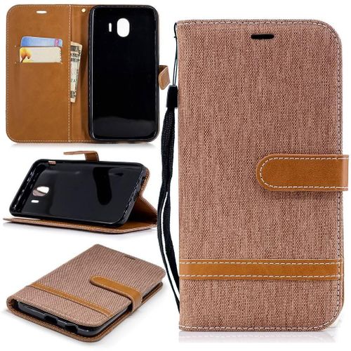 Samsung Galaxy J4 2018 Coque, Saturcase Premium Jeans Style Denim Et Pu Cuir Magnétique Flip Portefeuille Support Porte-Carte Protecteur Case Cover Coque Housse Étui Avec Dragonne Pour Samsung Galaxy J4 2018 (Marron)
