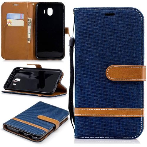 Samsung Galaxy J4 2018 Coque, Saturcase Premium Jeans Style Denim Et Pu Cuir Magnétique Flip Portefeuille Support Porte-Carte Protecteur Case Cover Coque Housse Étui Avec Dragonne Pour Samsung Galaxy J4 2018 (Bleu Marin)