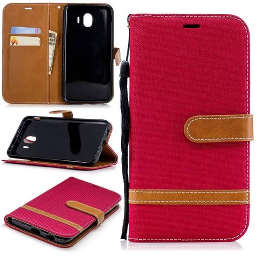 Samsung Galaxy J4 2018 Coque, Saturcase Premium Jeans Style Denim Et Pu Cuir Magnétique Flip Portefeuille Support Porte-Carte Protecteur Case Cover Coque Housse Étui Avec Dragonne Pour Samsung Galaxy J4 2018 (Rouge)