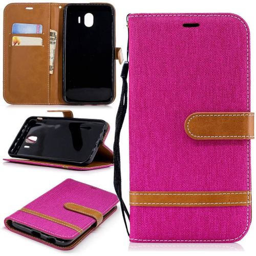 Samsung Galaxy J4 2018 Coque, Saturcase Premium Jeans Style Denim Et Pu Cuir Magnétique Flip Portefeuille Support Porte-Carte Protecteur Case Cover Coque Housse Étui Avec Dragonne Pour Samsung Galaxy J4 2018 (Rose)