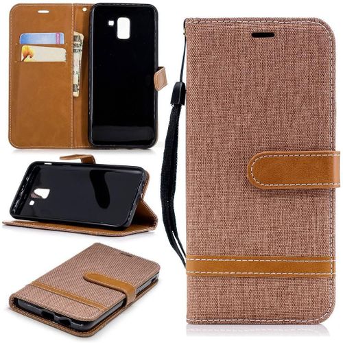 Samsung Galaxy J6 2018 Coque, Saturcase Premium Jeans Style Denim Et Pu Cuir Magnétique Flip Portefeuille Support Porte-Carte Protecteur Case Cover Coque Housse Étui Avec Dragonne Pour Samsung Galaxy J6 2018 (Marron)