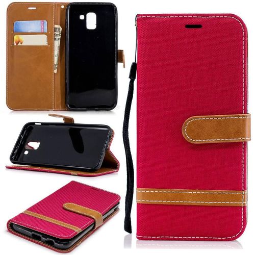 Samsung Galaxy J6 2018 Coque, Saturcase Premium Jeans Style Denim Et Pu Cuir Magnétique Flip Portefeuille Support Porte-Carte Protecteur Case Cover Coque Housse Étui Avec Dragonne Pour Samsung Galaxy J6 2018 (Rouge)