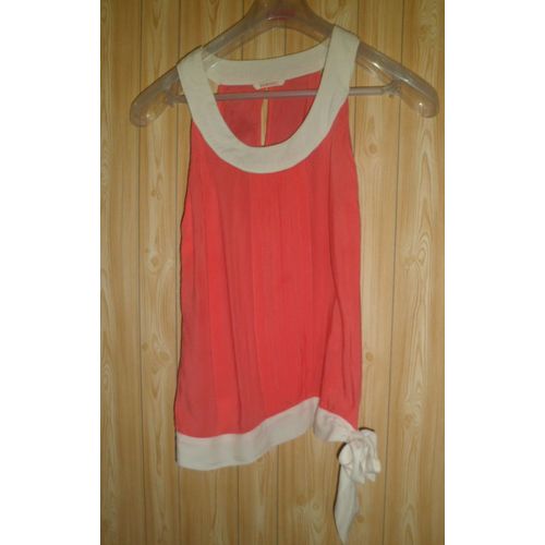 Top Camaieu Bicolore Saumon Et Blanc, Taille 40. Sans Manches. 100 % Viscose