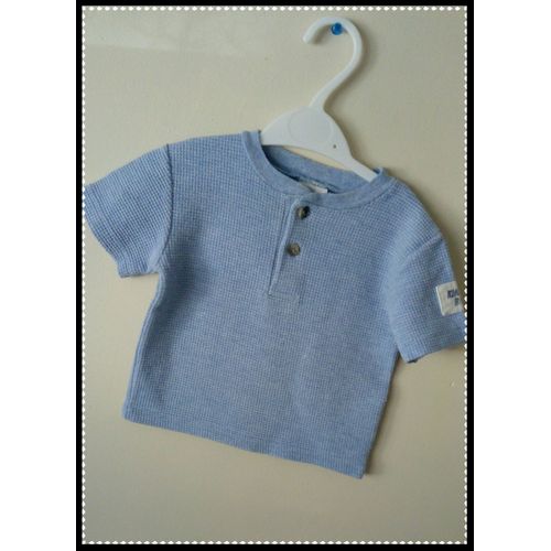 Très Beau Tee-Shirt En Coton Épais - Effet Nid D'abeille - 12 Mois / 1 An - Pour Bébé Enfant Garcon - Bleu Chiné - Tee Shirt Débardeur Vêtement À Manches Courtes Col Rond Polo Avec Lot De 2 Boutons