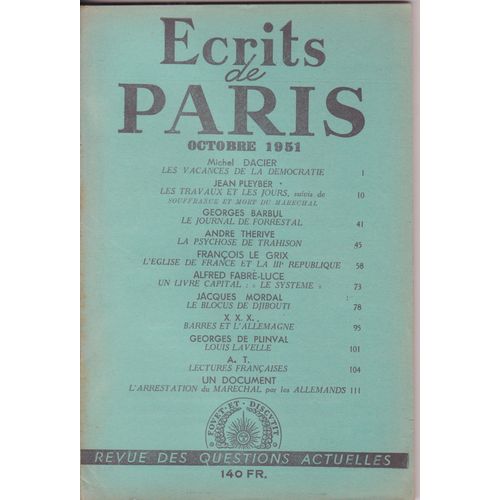 Ecrits De Paris N°84 Octobre 1951
