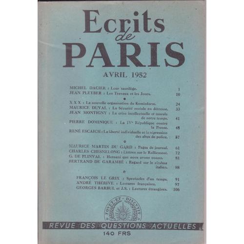 Ecrits De Paris N°90 Avril 1952