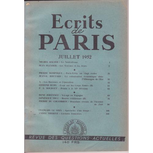 Ecrits De Paris N°93 Juillet 1952