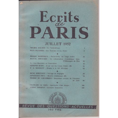 Ecrits De Paris N°93 Juillet 1952