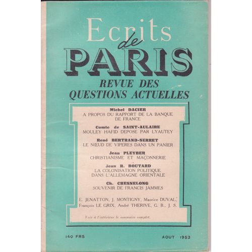 Ecrits De Paris N°106 Août 1953