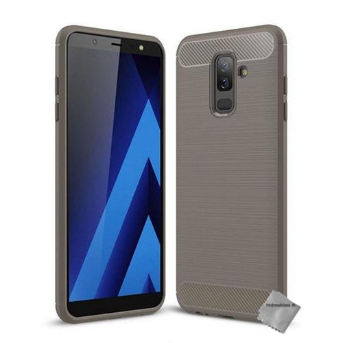 Housse Etui Coque Silicone Gel Carbone Pour Samsung Galaxy A6+ Plus (2018) + Verre Trempe - Gris