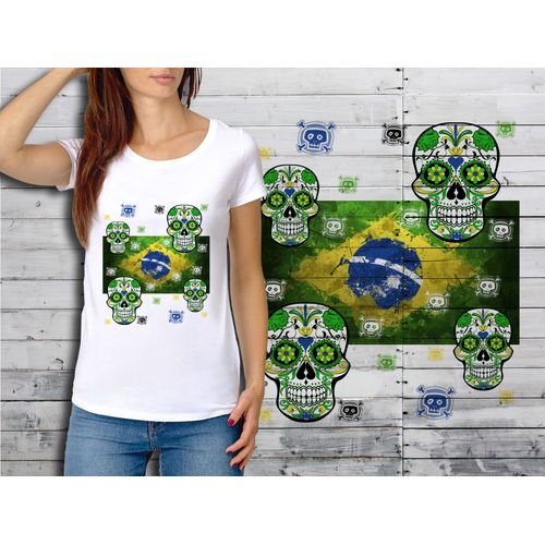 T-Shirt Blanc Femme Taille Xl Collection Drapeau Mexican Skull 07 Bresil