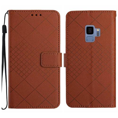 Flip Étui Pour Samsung Galaxy S9 Diamant En Relief Support De Fente Pour Carte Portefeuille En Cuir Pu Avec Sangle De Main Couverture Magnétique - Le Brun