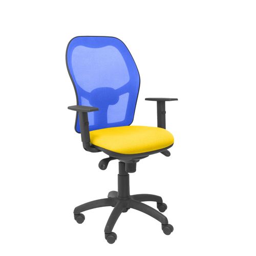 Siège De Bureau Ergonomique Avec Mécanisme Synchro, Accoudoirs Réglables Et Hauteur Réglable Dossier En Maille Respirante En Bleu Et Assise Rembourrée En Tissu Bali Jaune