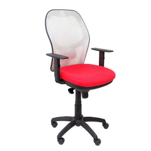 Fauteuil De Bureau Ergonomique Avec Mécanisme Synchro, Accoudoirs Réglables Et Réglable En Hauteur, Dossier En Maille Respirante En Blanc Et Assise Rembourrée En Tissu Bali Rouge