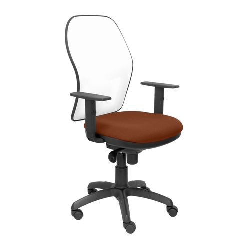 Siège De Bureau Ergonomique Avec Mécanisme Synchro, Accoudoirs Réglables Et Réglage En Hauteur Dossier En Maille Respirante En Blanc Et Siège Rembourré En Tissu Bali Brun