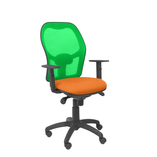 Fauteuil De Bureau Ergonomique Avec Mécanisme Synchro, Accoudoirs Réglables Et Hauteur Réglable Dossier En Maille Respirante En Vert Et Assise Garnie De Tissu Bali Orange
