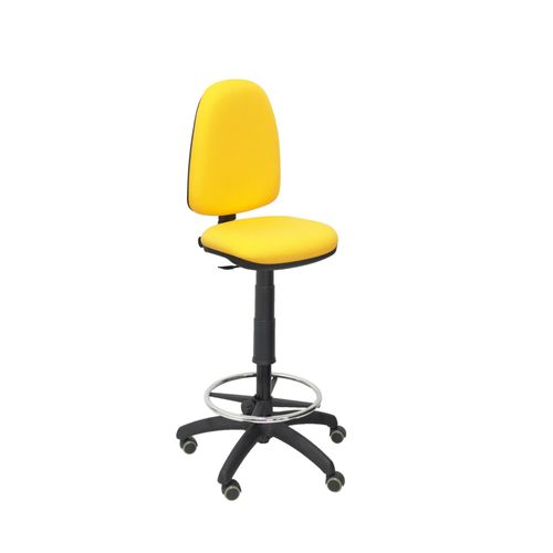 Tabouret Ergonomique Avec Mécanisme De Contact Permanent Et Réglable En Hauteur, Repose-Pieds Et Roues En Parquet, Assise Et Dossier Rembourrés En Tissu Bali Jaune. Piqueras Y Crespo Modèle T04cp