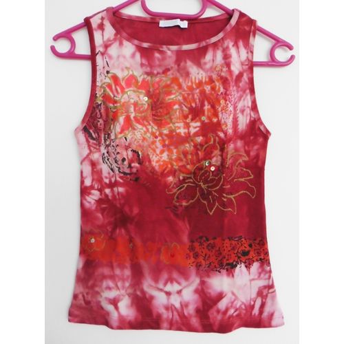 Débardeur Rouge. Imprimé Multicolore. Fleurs. Paillettes. Sequins. Promod. Taille 36