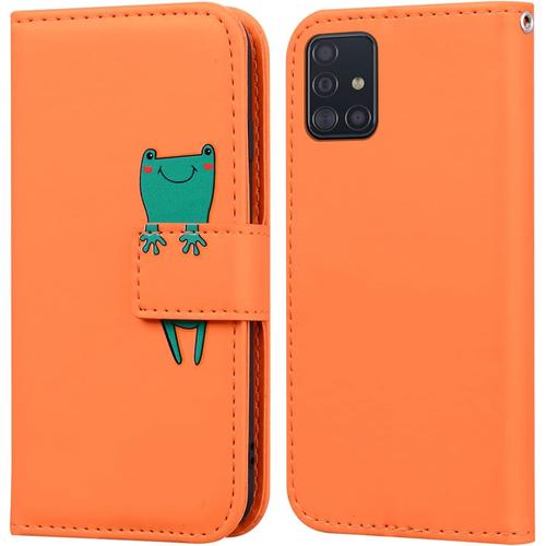 Coque Samsung Galaxy A51,Housse En Cuir 3d Grenouille Dessin Animé,Portefeuille Etui En Protecion Pour Galaxy A51, Orange