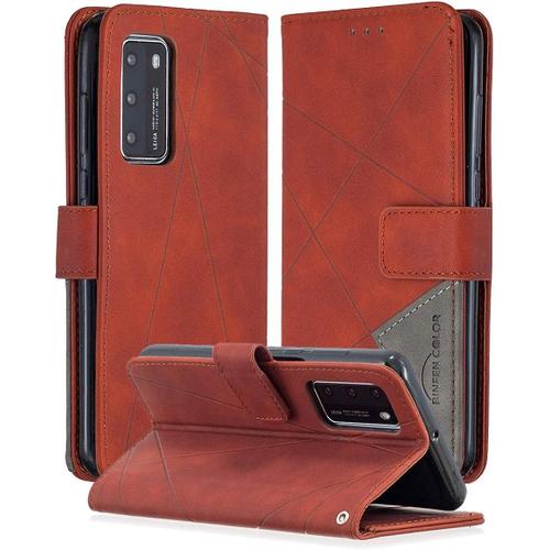 Huawei P40 Étui Coque Téléphone Portefeuille À Rabat En Cuir Support Fente Carte Housse De Protection Pour Huawei P40 6.1"" Marron