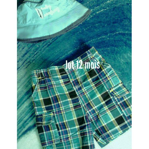 Beau Lot Bleu Turquoise Pour Bébé Garcon 12 Mois / 1 An - 1 Short Bermuda Écossais Superbe Avec 4 Vraies Poches Et Fermeture À Bouton Pression + 1 Bob Casquette Chapeau - Vetements Enfant En Coton