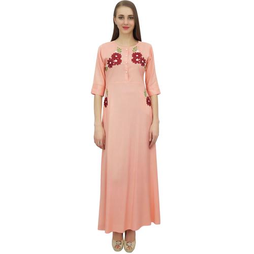 Bimba Longue Indian Femmes Peach Maxi Robe Avec Bouton Avant Aari Travail Vers Le Bas-36