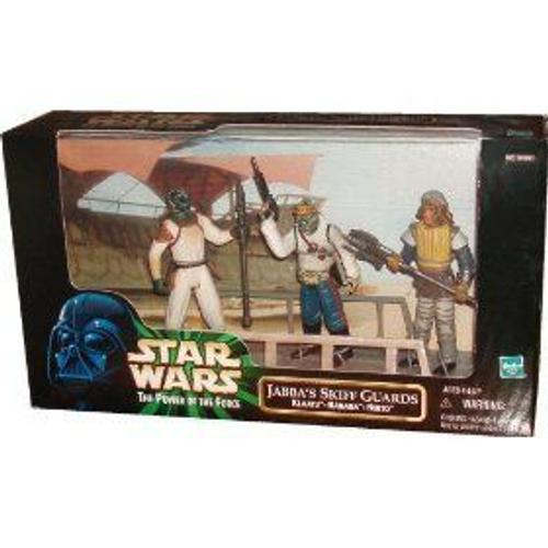 Star Wars 1998 The Power Of The Force 3-Pack Movie Scene 4 Inch Tall Action Figure Set - Jabbas Skiff Guards With Klaatu, Barada And Nikto Figures Plus Display Base