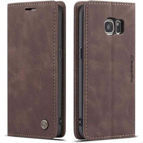 Coque Compatible Avec Samsung Galaxy S7 Edge,Anti-Choc Housse En Cuir Premium Flip Case Portefeuille Etui,Café