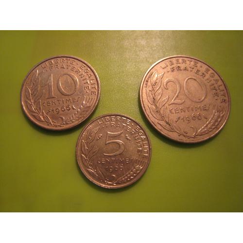 Lot De 3 Pièces De Monnaie 5 - 10 Et 20 Centimes Marianne France 1966