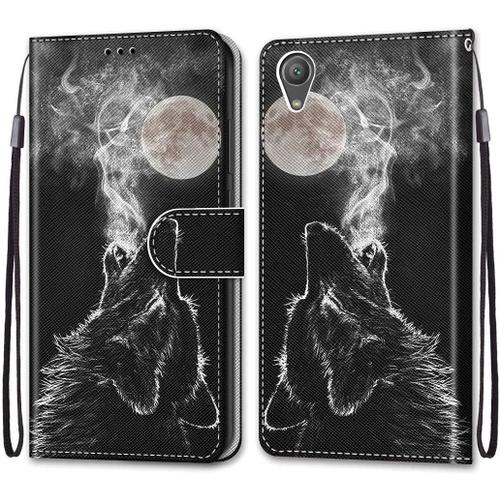 Coque Compatible Avec Sony Xperia Xa1 Plus Flip Étui Housse Wallet Fente Pour Carte Case Loup Noir