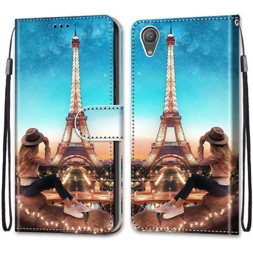 Coque Compatible Avec Sony Xperia Xa1 Plus Flip Étui Housse Wallet Fente Pour Carte Case Tour De Fer Fille