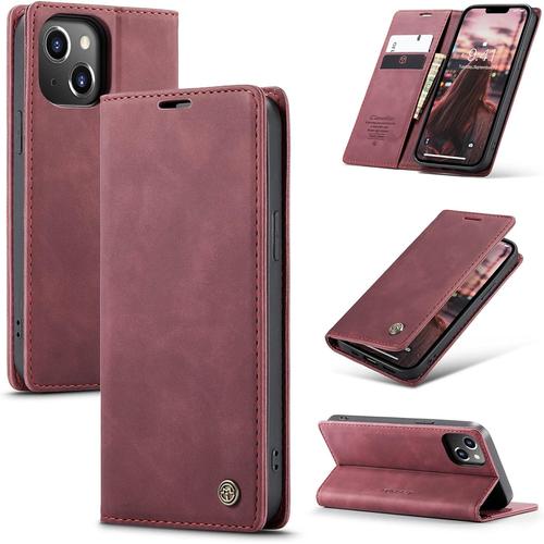 Kompatibel Mit Iphone 14 Hülle Leder,Magnetverschluss Premium Pu Leder Flip Case,Standfunktion.-Rot