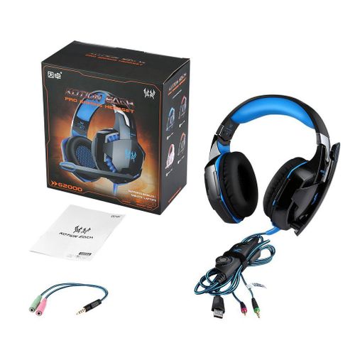 Casque Gaming, Over-Ear USB Casque Gaming Headset-Casque Gamer avec Éclairage LED et Microphone Numérique Amélioré pour G2000-bleu et noir