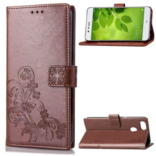 Huawei P Smart Coque, Saturcase Lucky Clover Pu Cuir Magnétique Flip Portefeuille Support Porte-Carte Protecteur Cover Case Avec Dragonne Coque Housse Étui Pour Huawei P Smart (Marron)