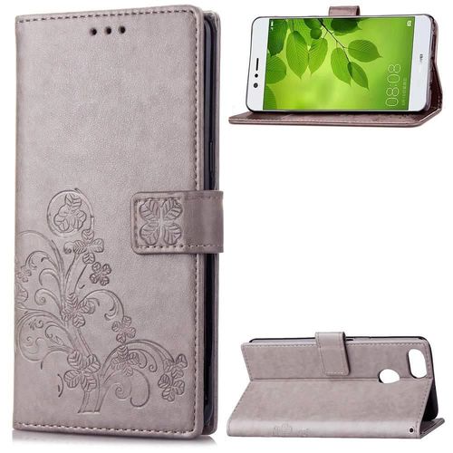 Huawei P Smart Coque, Saturcase Lucky Clover Pu Cuir Magnétique Flip Portefeuille Support Porte-Carte Protecteur Cover Case Avec Dragonne Coque Housse Étui Pour Huawei P Smart (Gris)